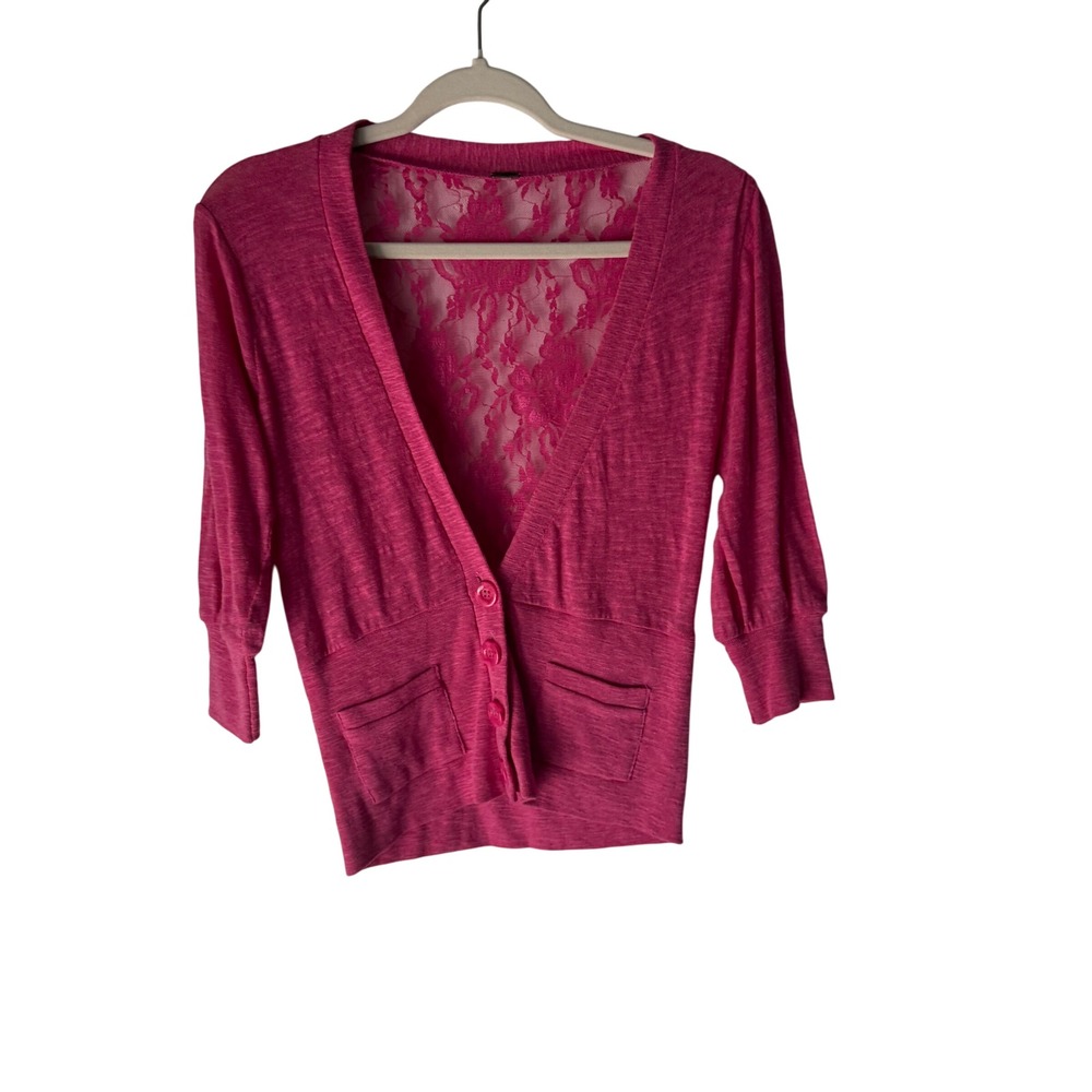 Poof Y2k Pink Cardigan Lace Back Button Down Knit Sweater Top Large Fairy
